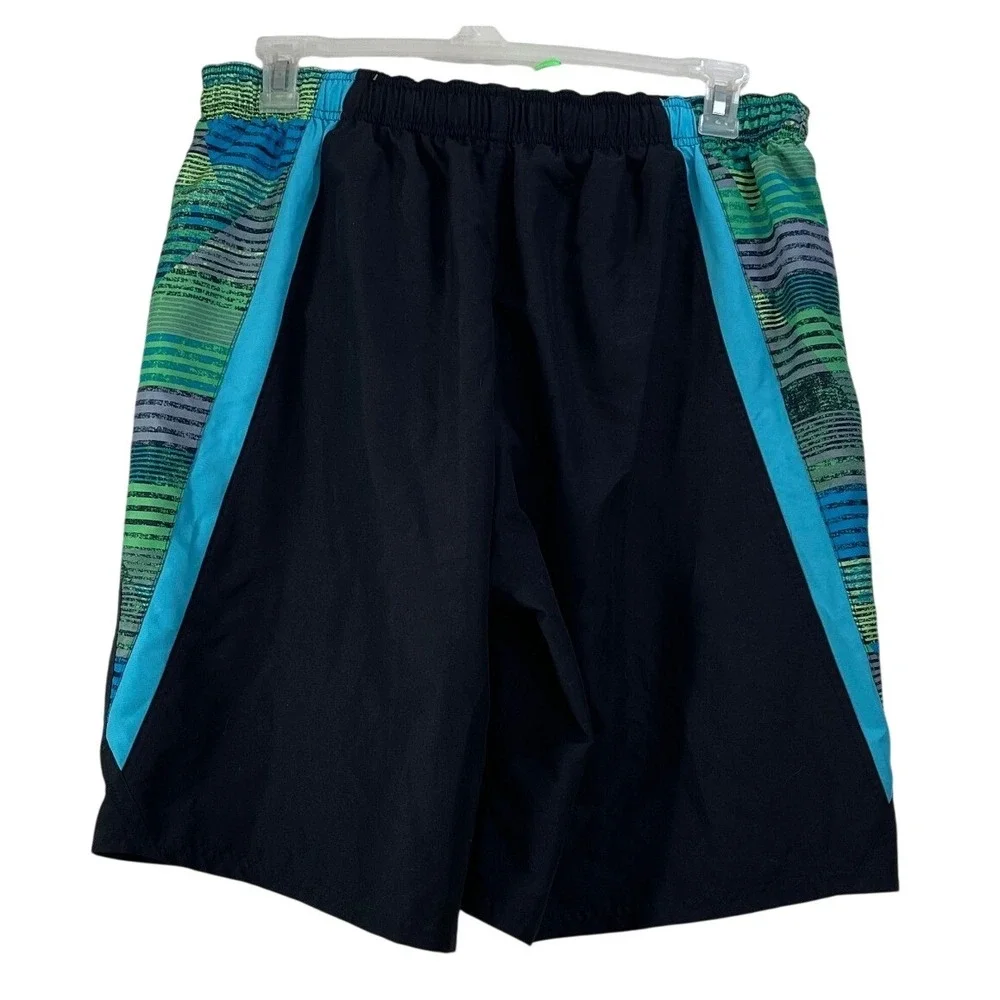 Nike Mens XL Swim‎ Trunks Black Blue Green Striped Drawstring Elastic Waist pool